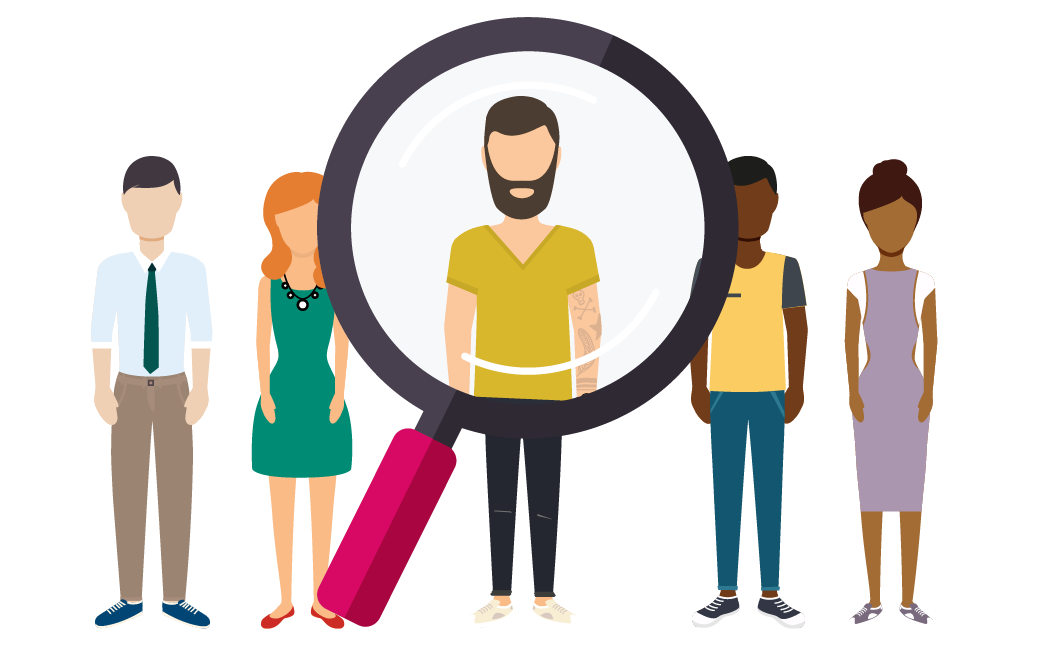 group of people with one person magnified